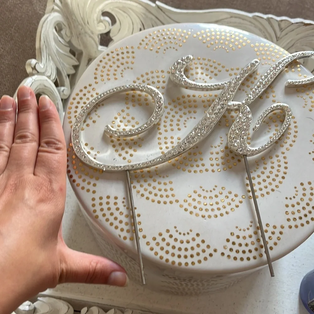 Cursive “K” Rhinestone & Silver Cake Topper - used once!